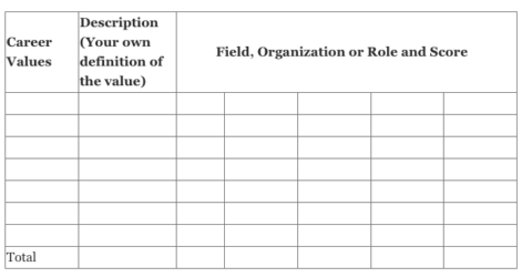 Table with column headers Career Value; Description; organization, role and value