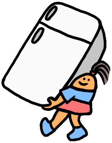 cartoon figure carrying a fridge in the air