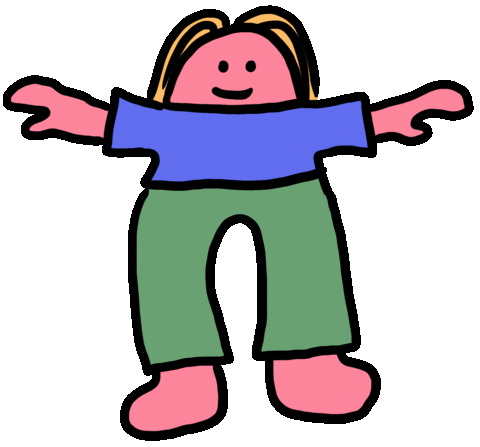 cartoon character with arms out, quickly squatting up and down