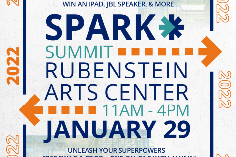 Connect with Peers. Establish your story. unleash your superpowers. Spark Sophomore Summit. Rubenstein Arts Center. January 29, 11-4pm. Win an iPad, beats buds and more. One on One with alumni. Free Swag and food.