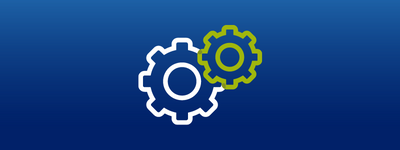 White and green overlapping gear icons on navy blue background.