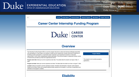 Duke Career Center Internship Funding Program for Masters Students